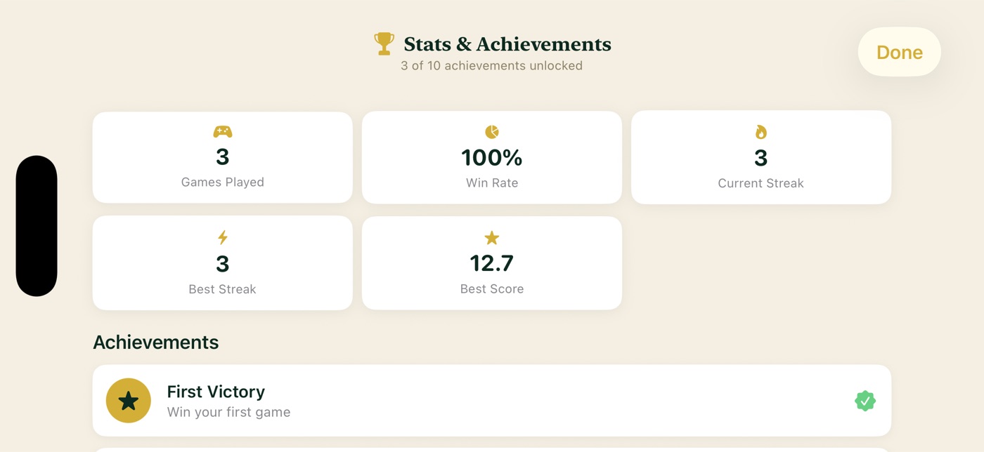 Card Master stats and achievements screen